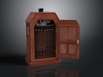 Vintage Wooden Mantel Clock with Open Door Mechanical Gears and Pendulum 3d model