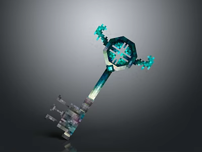 Pixel Style Decorative Key With Blue Glowing Elements And Intricate Design For Household Use 3d model