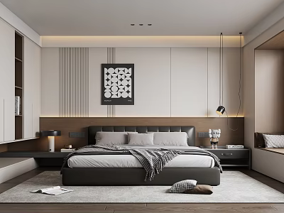 Modern Bedroom Interior With Platform Bed Wall Art And Recessed Lighting 3d model