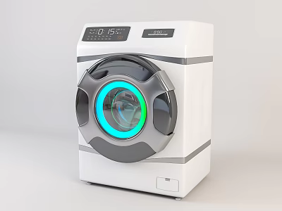 Modern White Front Loading Washing Machine With Round Door And Blue Green Light Ring 3d model