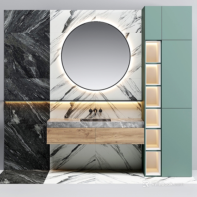 Modern Bathroom Sink With Herringbone Marble Wall Round Mirror Floating Wooden Cabinet LED Lighting 3d model 