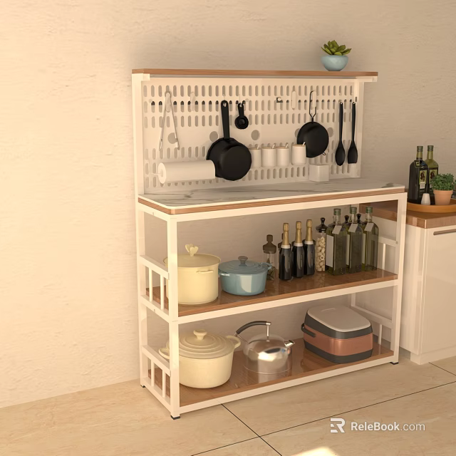 Modern Kitchen Storage Shelf With Hanging Pans Utensils Pots Spice Bottles And Storage Containers 3d model 