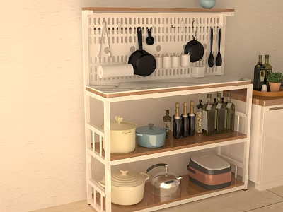 Modern Kitchen Storage Shelf With Hanging Pans Utensils Pots Spice Bottles And Storage Containers 3d model