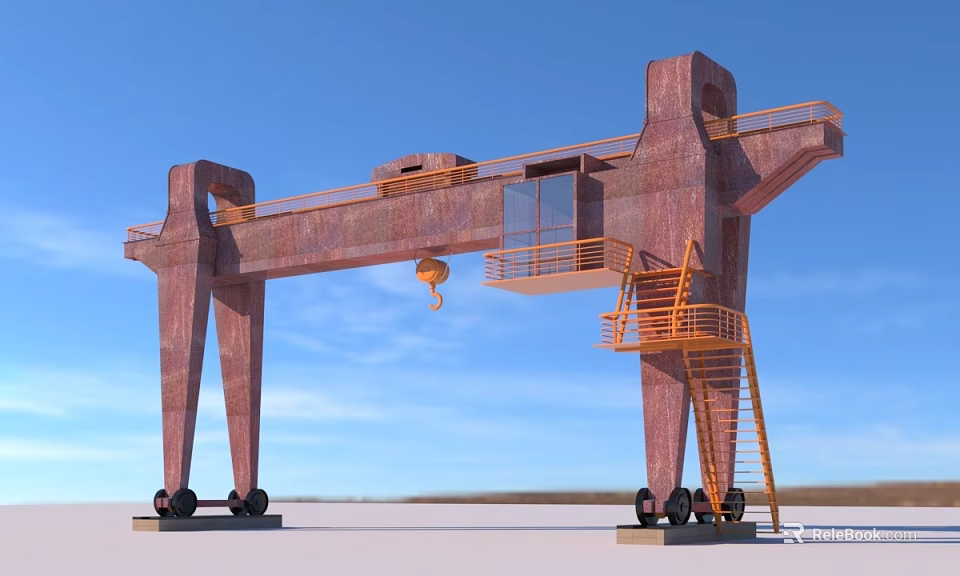 Large Red Industrial Gantry Crane With Ladder Platform Hook And Wheels 3d model 