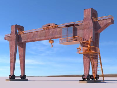Large Red Industrial Gantry Crane With Ladder Platform Hook And Wheels 3d model