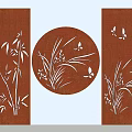 Decorative Brown Room Divider With Bamboo Orchid Butterfly Patterns And Circular Design 3d model