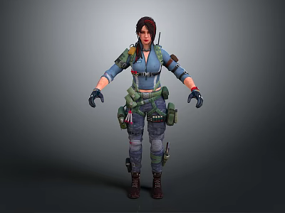 Game Movie Female Character Wearing Tactical Blue Top Green Vest Cargo Pants And Black Gloves 3d model