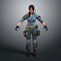 Game Movie Female Character Wearing Tactical Blue Top Green Vest Cargo Pants And Black Gloves