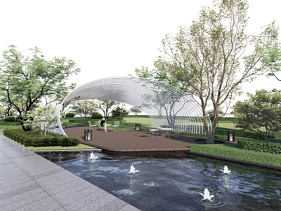 Curved Metal Pergola Surrounded by Trees Water Pond Fountains and Swan Decorations 3d model