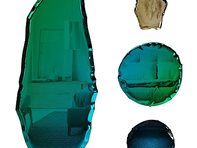 Artistic Irregular And Circular Mirrors Reflecting Interior Scenes With Chair Sofa And Furniture 3d model