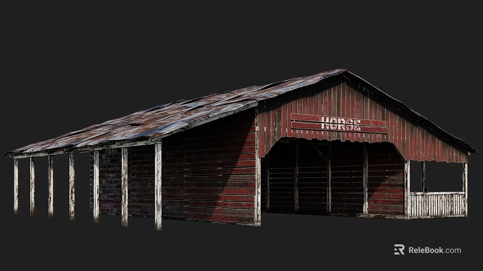 Old Red Barn With Rusted Roof Wooden Structure And HORSE Sign In Front 3d model 