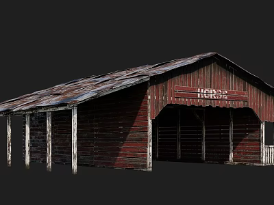 Old Red Barn With Rusted Roof Wooden Structure And HORSE Sign In Front 3d model