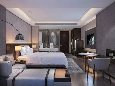 Modern Hotel Room Interior With King Bed Sofa Desk TV And Floor Lamp 3d model