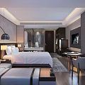 Modern Hotel Room Interior With King Bed Sofa Desk TV And Floor Lamp