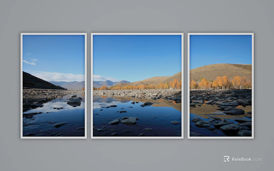 Landscape Triptych Painting with River Stones Distant Mountains Autumn Trees Blue Sky Reflection in Water 3d model 