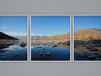 Landscape Triptych Painting with River Stones Distant Mountains Autumn Trees Blue Sky Reflection in Water 3d model