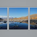 Landscape Triptych Painting with River Stones Distant Mountains Autumn Trees Blue Sky Reflection in Water