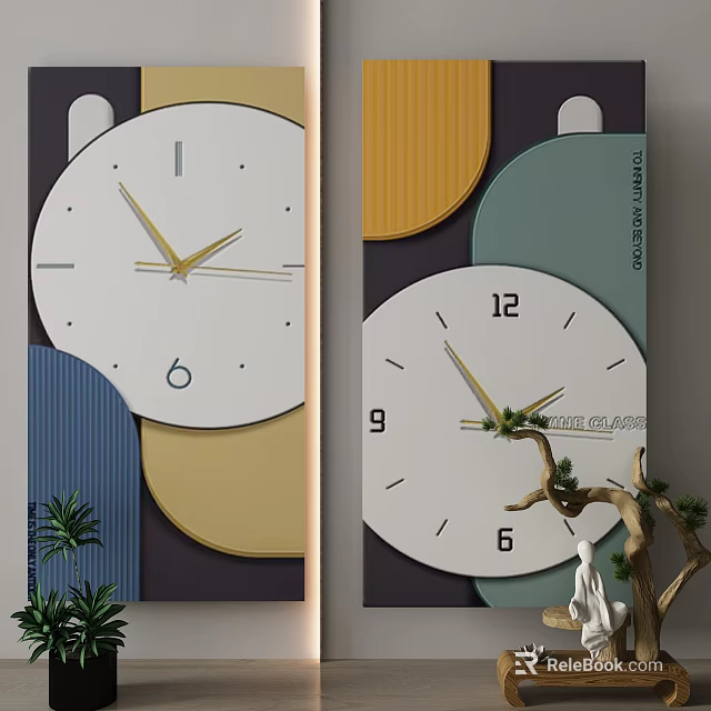 Modern Decorative Wall Clock Featuring Geometric Design Colorful Background And Plant Accents 3d model 