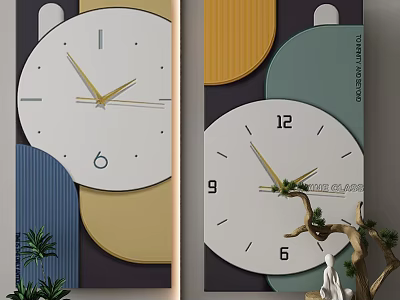 Modern Decorative Wall Clock Featuring Geometric Design Colorful Background And Plant Accents 3d model