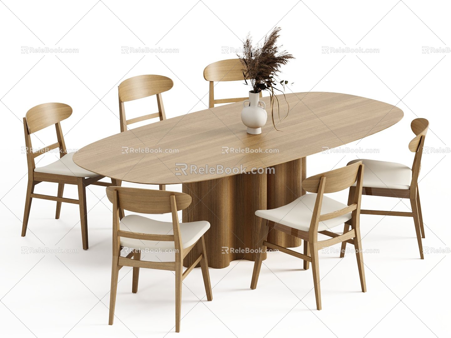 Modern Dining Table and Chair Combination Log Dining Table Dining Chair Desktop Green Planting 3d model