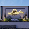 Outdoor LED Neon Lights With Sun Mountain Design On Modern Building Wall And Garden Plants Stones
