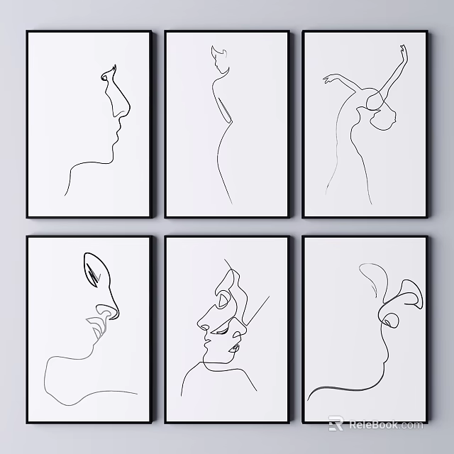 Minimalist Abstract Black and White Line Art Paintings With Six Human Silhouette Panels 3d model 