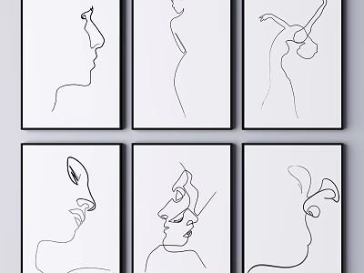 Minimalist Abstract Black and White Line Art Paintings With Six Human Silhouette Panels 3d model
