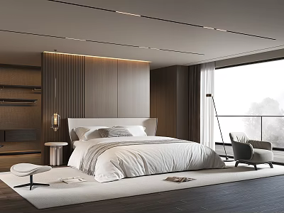 Modern Bedroom Interior With Wooden Wall Paneling White Bedding Large Window And Cozy Chair 3d model