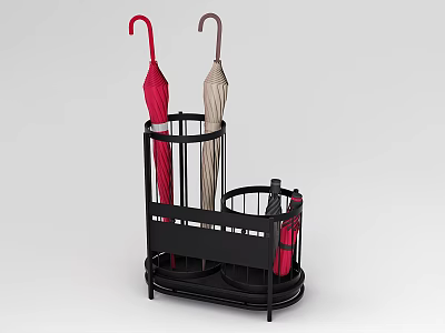 Black Metal Umbrella Stand With Red And Beige Umbrellas Home Decor Set 3d model