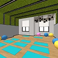 Indoor Fitness Studio With Green Ceiling Decor Gray Walls Blue Exercise Mats And Colorful Balls