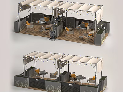 Commercial Outdoor Seating Setup With Canopies Tables Chairs Wooden Flooring And String Lights 3d model