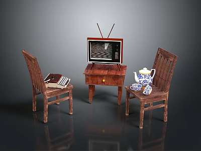 Vintage Living Room Setup With Wooden Chairs Table TV Books And Teapot 3d model