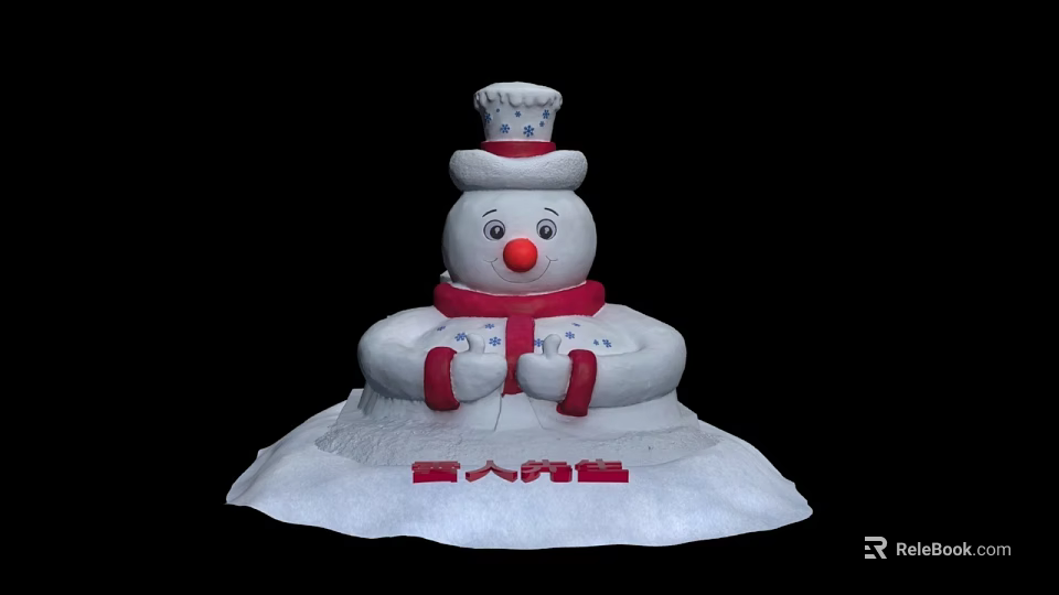 Decorative Snowman Statue With Striped Hat Red Scarf and Lantern on Snowy Base 3d model 
