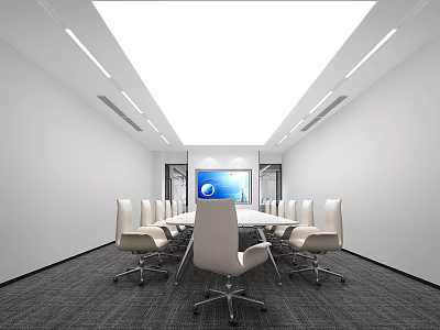 Modern Conference Room Interior With Long Table White Chairs And Large Screen 3d model