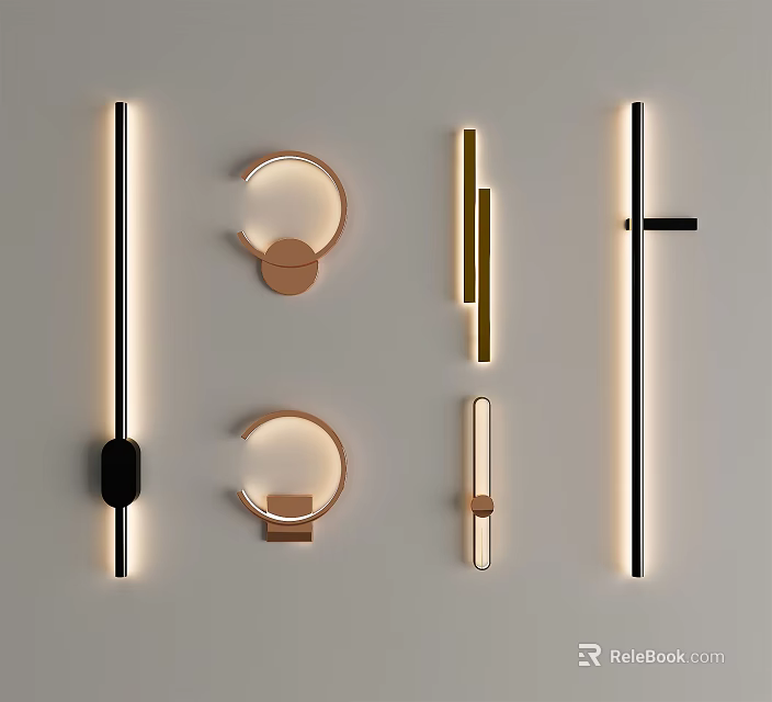 Modern Wall Lamps With Various Designs In Black Gold And Copper On Light Wall 3d model 