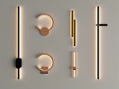 Modern Wall Lamps With Various Designs In Black Gold And Copper On Light Wall 3d model