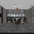 Modern Restaurant Interior With Dining Table Chairs Chandelier Decorative Wall And Patterned Floor 3d model