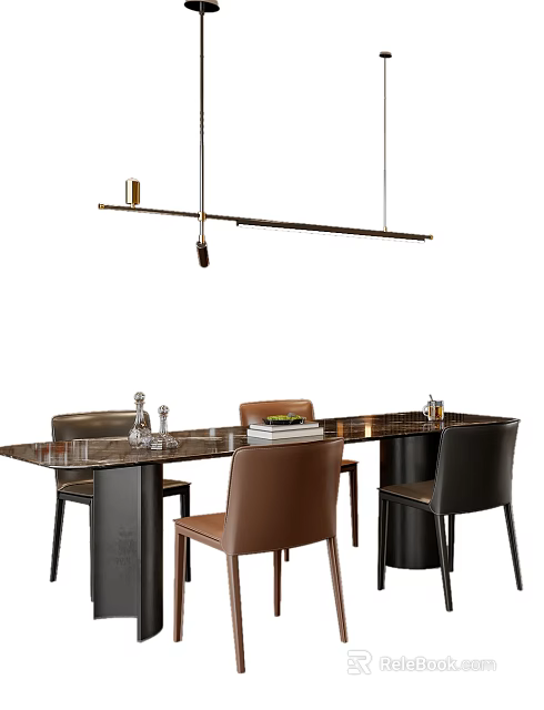 Elegant Modern Dining Table Set With Marble Top Leather Chairs And Pendant Light 3d model