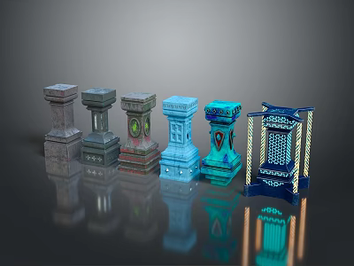 Various Decorative Pillars With Different Designs And Colorful Finishes On Reflective Surface 3d model