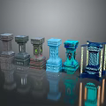 Various Decorative Pillars With Different Designs And Colorful Finishes On Reflective Surface