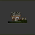 Modern Miniature Scene Featuring Wooden Cabin Gazebo Staircase Small Shed and Green Lawn