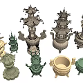 Traditional Metal Ornamental Decor Set Featuring Intricate Layered Carved Structures