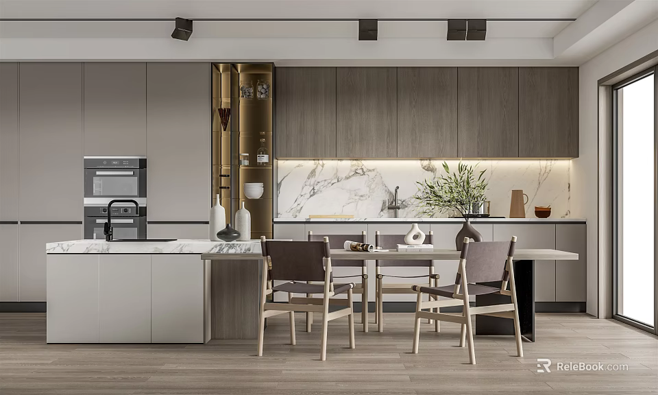 Modern Restaurant Interior Design With Open Layout Marble Countertop And Dining Chairs 3d model 