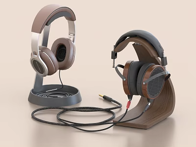 Stylish Over Ear Headphones On Gray And Wooden Stands With Cables 3d model