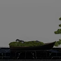 Courtyard Garden Design With Boat Shaped Moss Planter Water Feature Stone Accents And Greenery