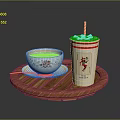 Wooden Tray Holding Drink with Straw and Patterned Teacup on Small Saucer