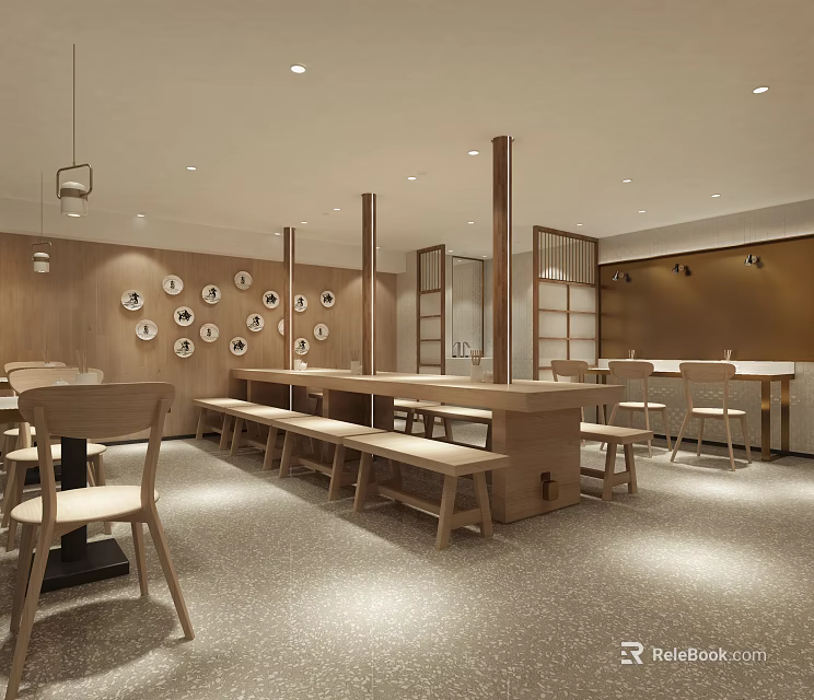 Shopping Mall Restaurant Interior Design With Wooden Tables Benches Wall Decorative Plates And Bright Lights 3d model 