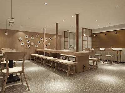 Shopping Mall Restaurant Interior Design With Wooden Tables Benches Wall Decorative Plates And Bright Lights 3d model