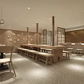 Shopping Mall Restaurant Interior Design With Wooden Tables Benches Wall Decorative Plates And Bright Lights