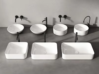 White Round and Square Washbasins on Grey Countertop with Black Wall Mounted Faucets 3d model